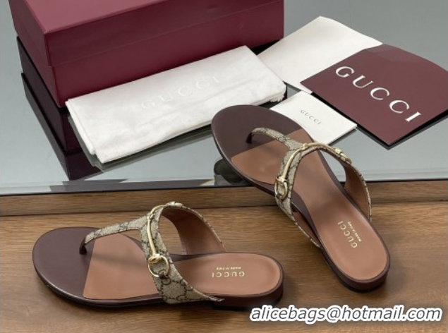 Most Popular Gucci Thong Sandal with Horsebit in GG Canvas & Leather 816590 Dark Brown