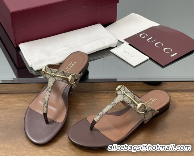 Most Popular Gucci Thong Sandal with Horsebit in GG Canvas & Leather 816590 Dark Brown