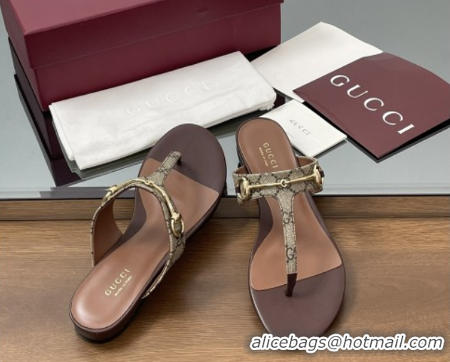 Most Popular Gucci Thong Sandal with Horsebit in GG Canvas & Leather 816590 Dark Brown
