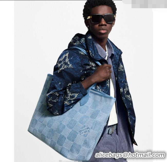 Top Grade Louis Vuitton Mens Nevereverfull Tote Bag in Blue Damier Denim 3D Canvas N00198 2025