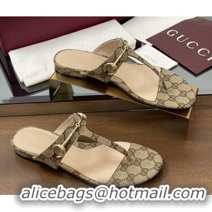 Stylish Gucci Thong Sandal with Horsebit in GG Canvas & Leather 816590 Light Brown