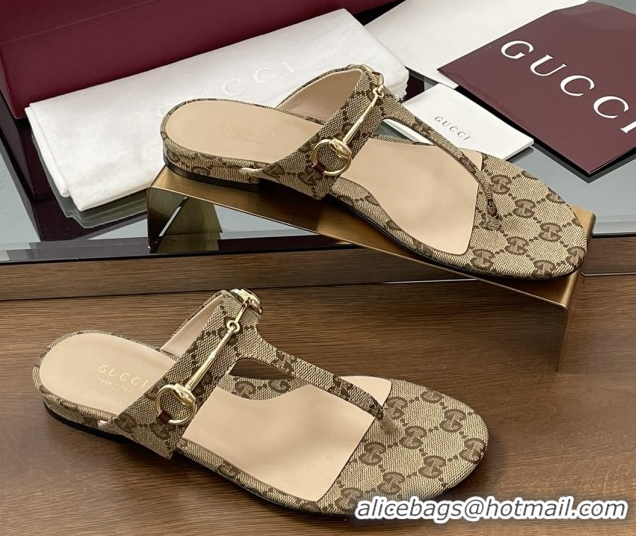 Stylish Gucci Thong Sandal with Horsebit in GG Canvas & Leather 816590 Light Brown