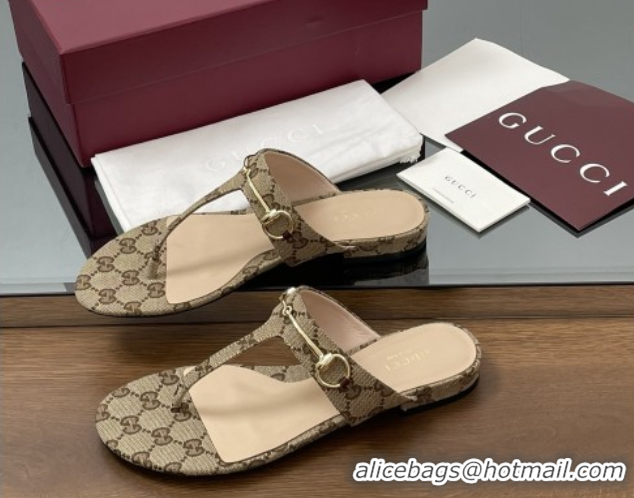 Stylish Gucci Thong Sandal with Horsebit in GG Canvas & Leather 816590 Light Brown