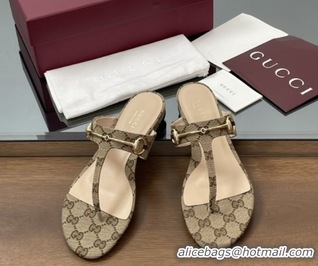 Stylish Gucci Thong Sandal with Horsebit in GG Canvas & Leather 816590 Light Brown