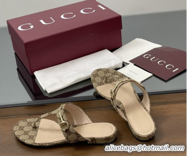 Stylish Gucci Thong Sandal with Horsebit in GG Canvas & Leather 816590 Light Brown