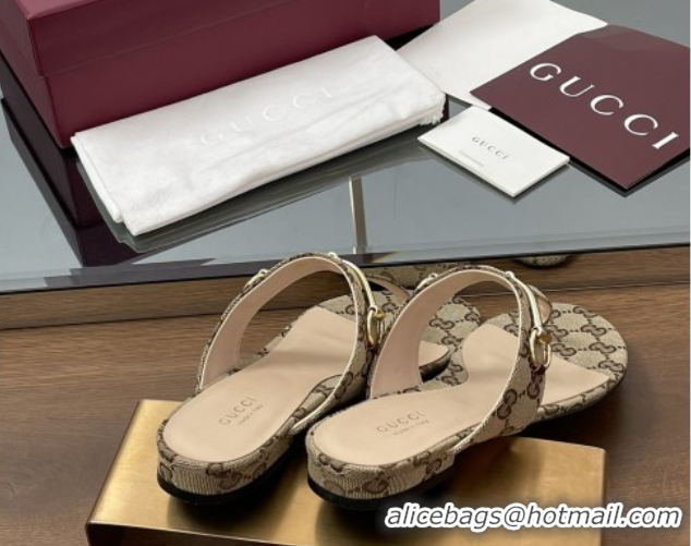 Stylish Gucci Thong Sandal with Horsebit in GG Canvas & Leather 816590 Light Brown