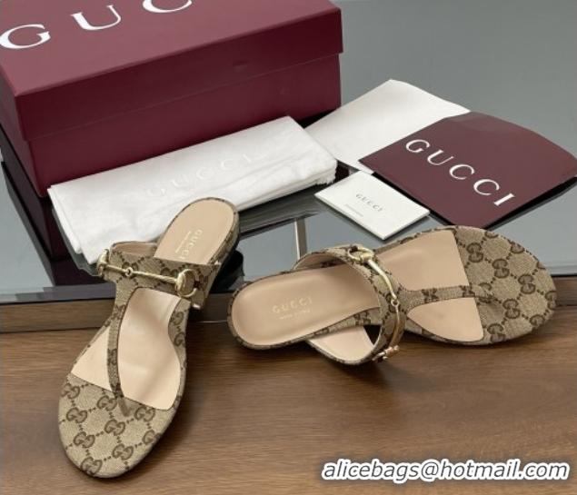 Stylish Gucci Thong Sandal with Horsebit in GG Canvas & Leather 816590 Light Brown