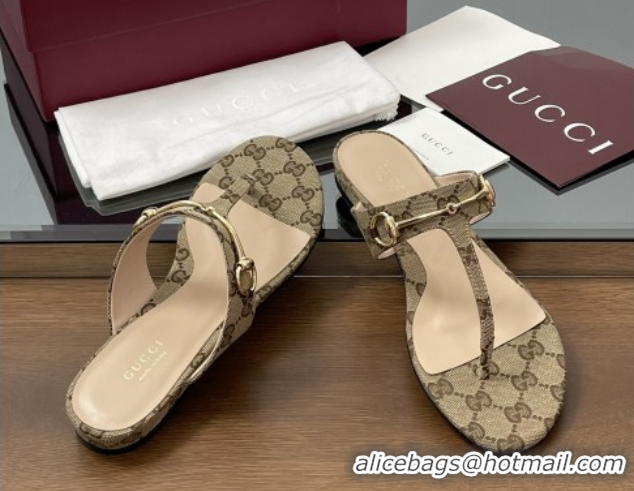 Stylish Gucci Thong Sandal with Horsebit in GG Canvas & Leather 816590 Light Brown
