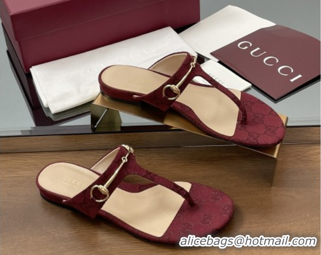 Perfect Gucci Thong Sandal with Horsebit in GG Canvas & Leather 816590 Burgundy