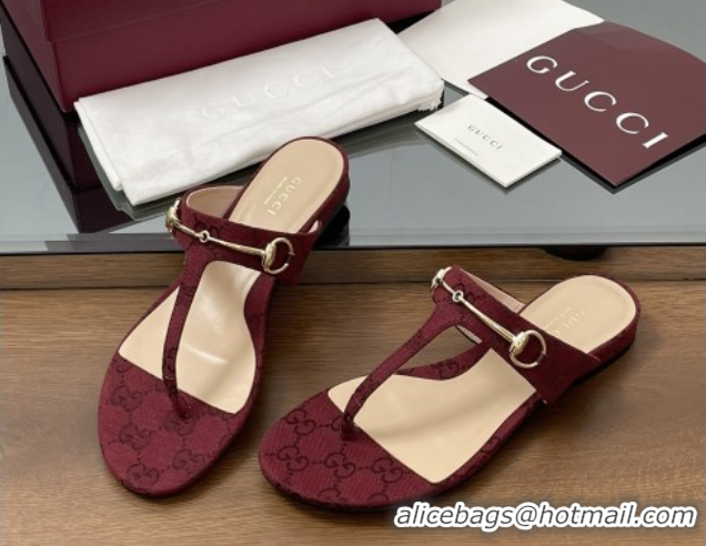 Perfect Gucci Thong Sandal with Horsebit in GG Canvas & Leather 816590 Burgundy