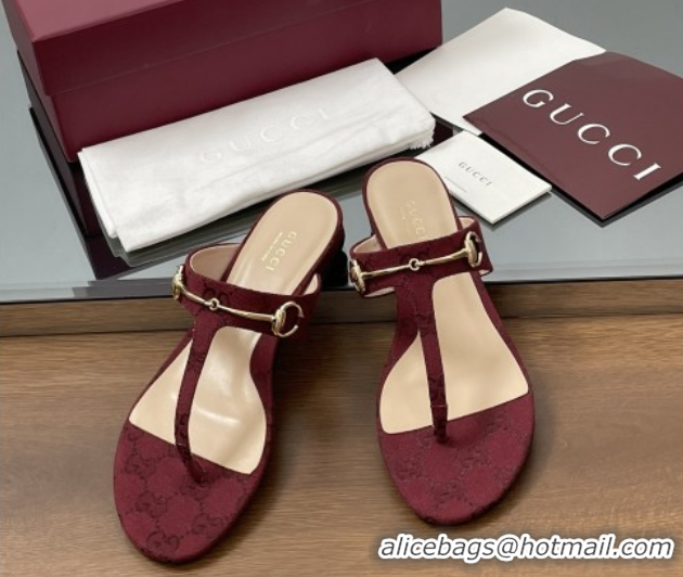 Perfect Gucci Thong Sandal with Horsebit in GG Canvas & Leather 816590 Burgundy