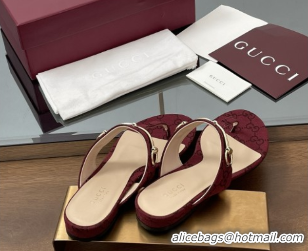 Perfect Gucci Thong Sandal with Horsebit in GG Canvas & Leather 816590 Burgundy