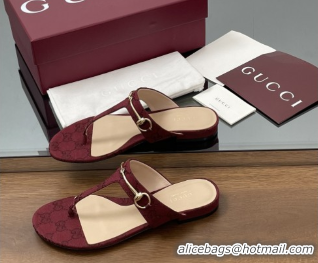 Perfect Gucci Thong Sandal with Horsebit in GG Canvas & Leather 816590 Burgundy