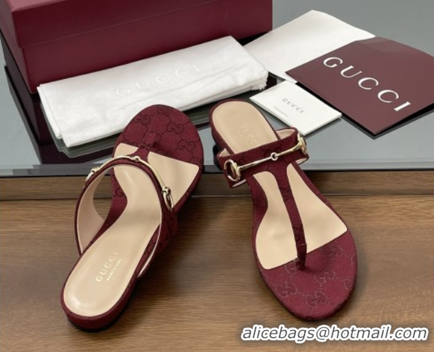 Perfect Gucci Thong Sandal with Horsebit in GG Canvas & Leather 816590 Burgundy