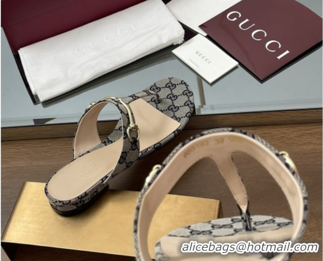 Best Grade Gucci Thong Sandal with Horsebit in GG Canvas & Leather 816590 Blue