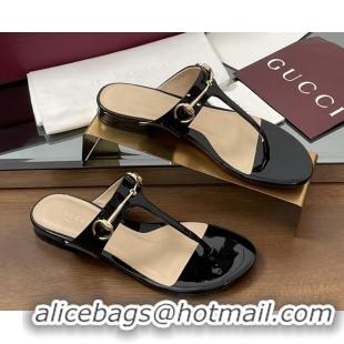 Sumptuous Gucci Thong Sandal with Horsebit in Patent Leather 816590 Black