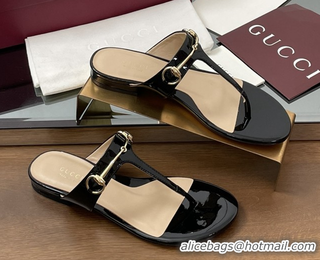 Sumptuous Gucci Thong Sandal with Horsebit in Patent Leather 816590 Black
