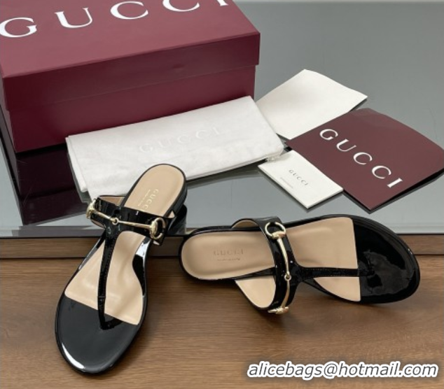 Sumptuous Gucci Thong Sandal with Horsebit in Patent Leather 816590 Black