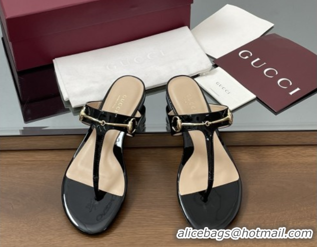 Sumptuous Gucci Thong Sandal with Horsebit in Patent Leather 816590 Black