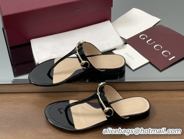 Sumptuous Gucci Thong Sandal with Horsebit in Patent Leather 816590 Black