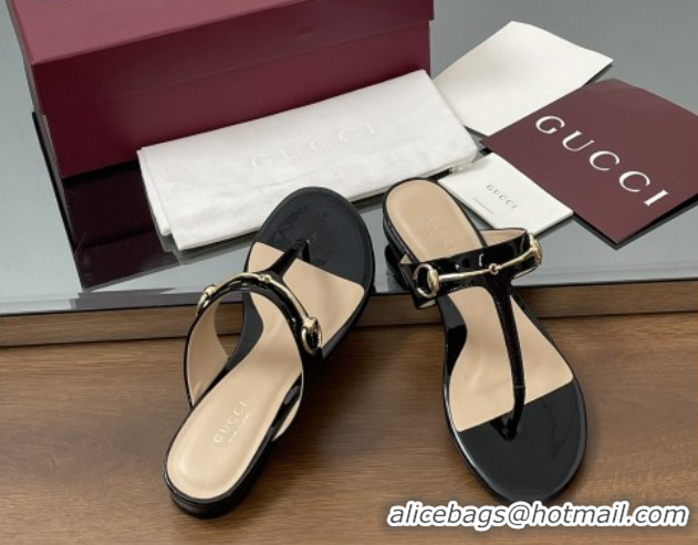 Sumptuous Gucci Thong Sandal with Horsebit in Patent Leather 816590 Black
