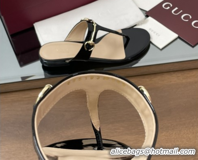 Sumptuous Gucci Thong Sandal with Horsebit in Patent Leather 816590 Black