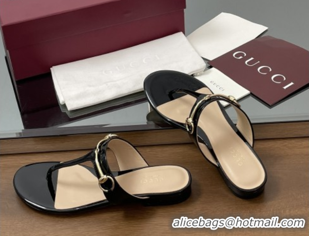 Sumptuous Gucci Thong Sandal with Horsebit in Patent Leather 816590 Black