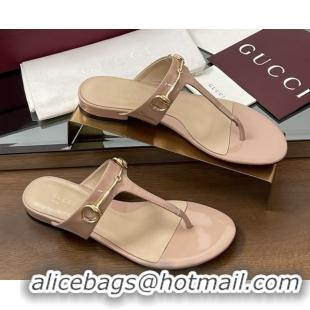 Top Grade Gucci Thong Sandal with Horsebit in Patent Leather 816590 Nude