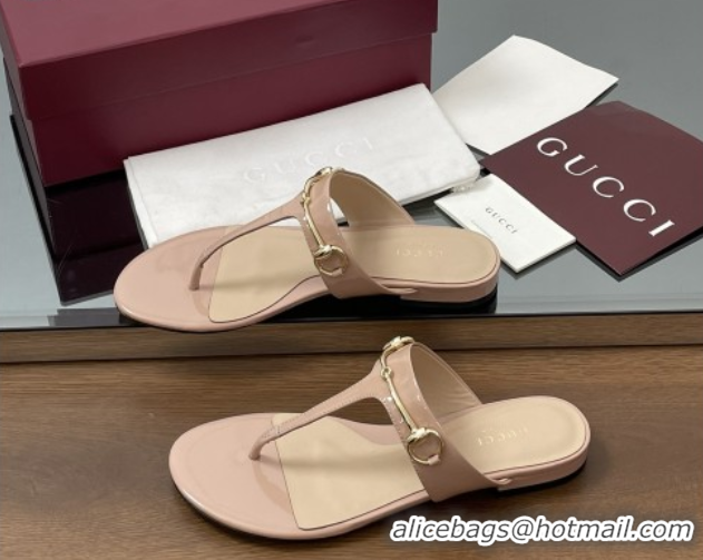 Top Grade Gucci Thong Sandal with Horsebit in Patent Leather 816590 Nude
