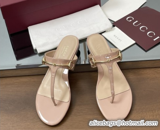 Top Grade Gucci Thong Sandal with Horsebit in Patent Leather 816590 Nude