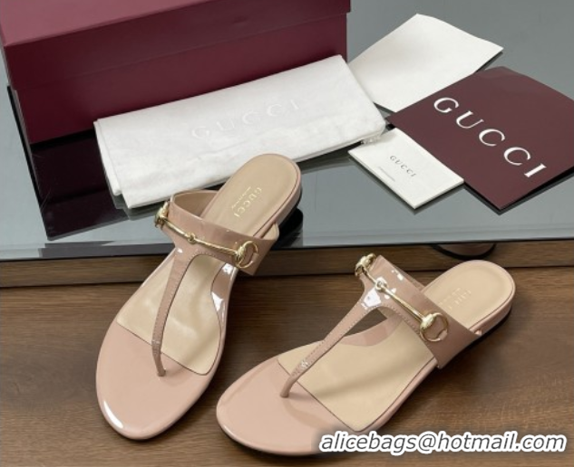 Top Grade Gucci Thong Sandal with Horsebit in Patent Leather 816590 Nude
