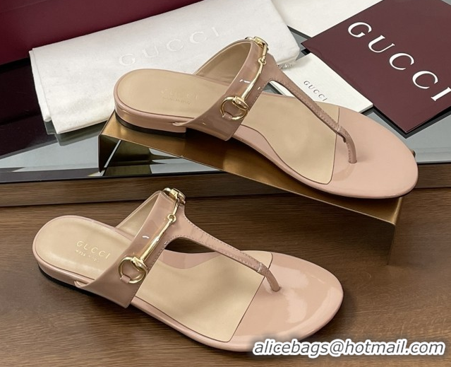 Top Grade Gucci Thong Sandal with Horsebit in Patent Leather 816590 Nude