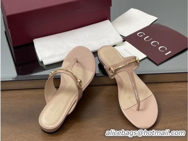 Top Grade Gucci Thong Sandal with Horsebit in Patent Leather 816590 Nude