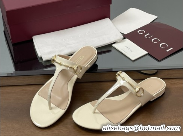 Buy Luxury Gucci Thong Sandal with Horsebit in Patent Leather 816590 White