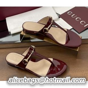 Shop Cheap Gucci Thong Sandal with Horsebit in Patent Leather 816590 Burgundy