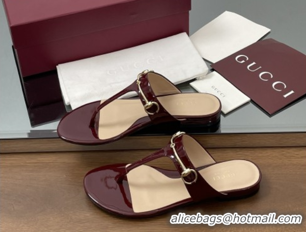 Shop Cheap Gucci Thong Sandal with Horsebit in Patent Leather 816590 Burgundy