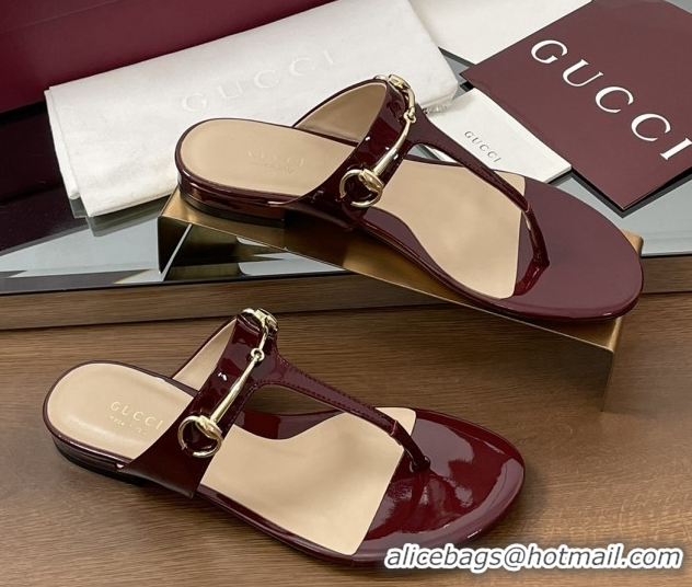 Shop Cheap Gucci Thong Sandal with Horsebit in Patent Leather 816590 Burgundy