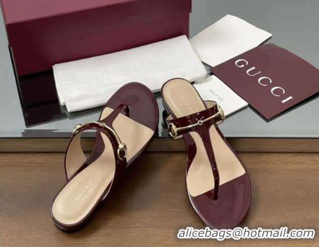 Shop Cheap Gucci Thong Sandal with Horsebit in Patent Leather 816590 Burgundy