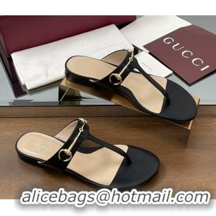 Unique Style Gucci Thong Sandal with Horsebit in Smooth Leather 816590 Black