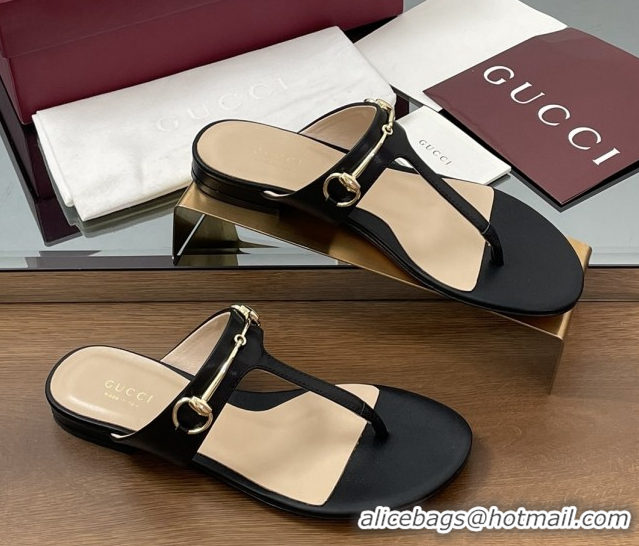 Unique Style Gucci Thong Sandal with Horsebit in Smooth Leather 816590 Black