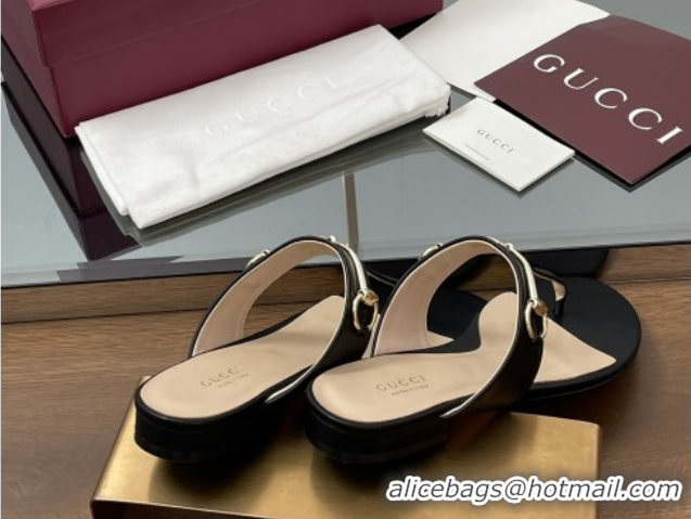 Unique Style Gucci Thong Sandal with Horsebit in Smooth Leather 816590 Black