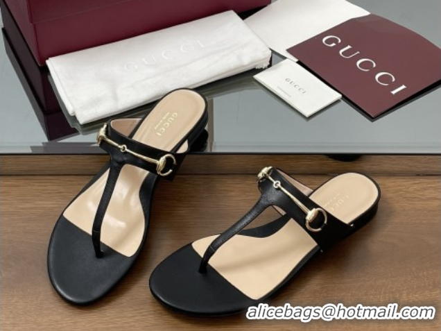 Unique Style Gucci Thong Sandal with Horsebit in Smooth Leather 816590 Black