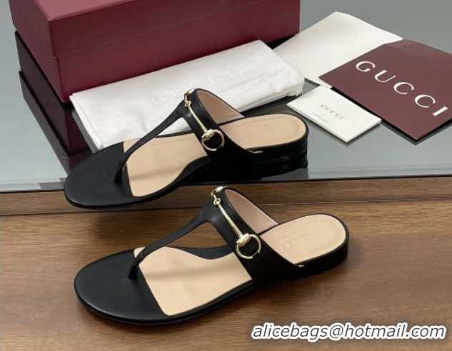 Unique Style Gucci Thong Sandal with Horsebit in Smooth Leather 816590 Black