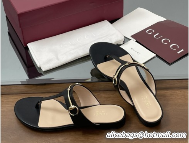 Unique Style Gucci Thong Sandal with Horsebit in Smooth Leather 816590 Black
