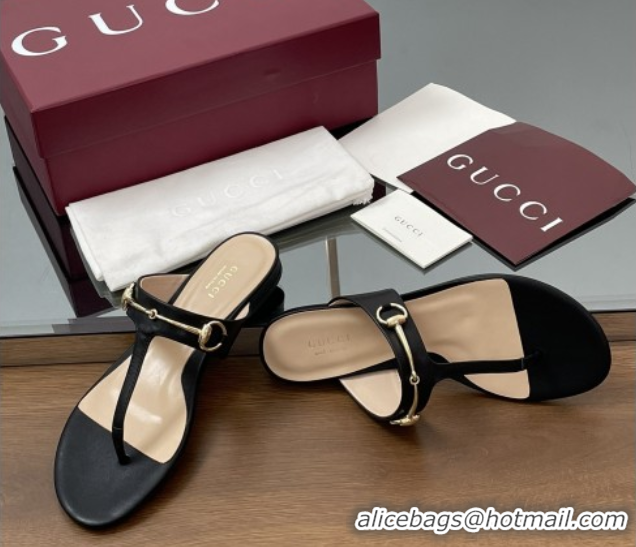 Unique Style Gucci Thong Sandal with Horsebit in Smooth Leather 816590 Black