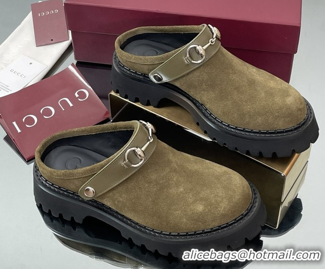 Most Popular Gucci Suede Mule with Horsebit 835829 Dark Green