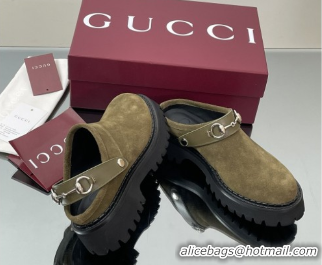 Most Popular Gucci Suede Mule with Horsebit 835829 Dark Green