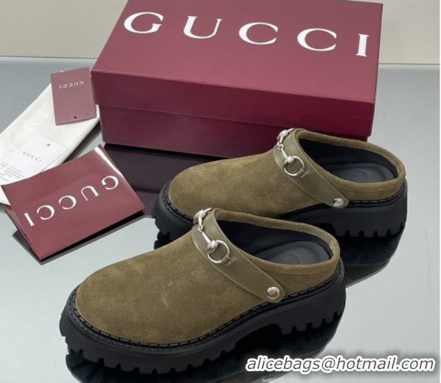 Most Popular Gucci Suede Mule with Horsebit 835829 Dark Green