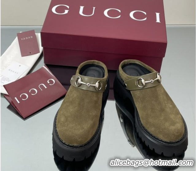 Most Popular Gucci Suede Mule with Horsebit 835829 Dark Green