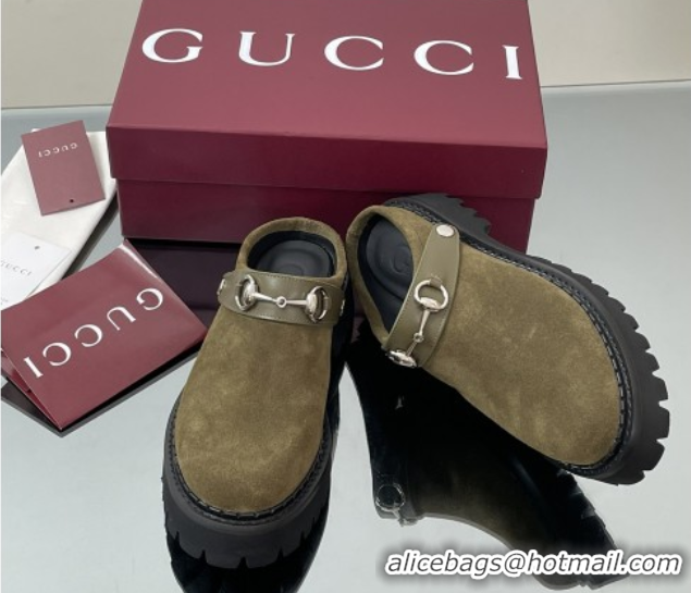 Most Popular Gucci Suede Mule with Horsebit 835829 Dark Green
